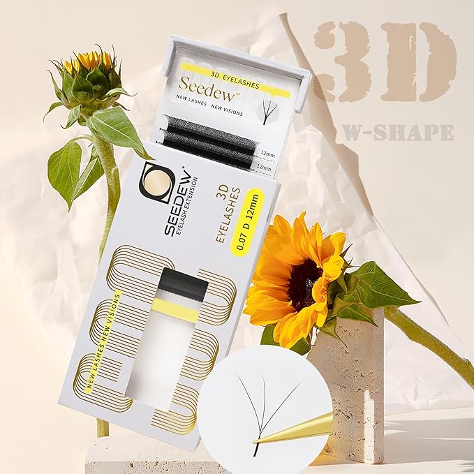 SEEDEW 3D Lash Extensions, 0.07mm LU/M Curl MIX8-15mm 12 Rows/Tray, W Shape Flat Stem, PBT Natural Eyelash Grafting for Beginner Artist, Lash Tech, Beauty Salon(3D-Matte Black-0.07-LU-MIX8-15mm)