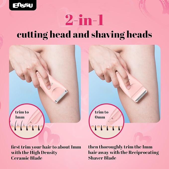 ENSSU Bikini Trimmer for Women - 2 in 1 Pubic Hair Trimmer IPX7 Waterproof, Razors for Women with LED Light & USB Charge, Painless Electric Shaver with Ceramic Blade for Bikini Legs Arm Underarm