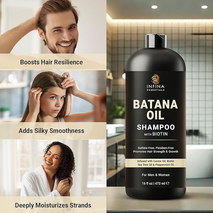 INFINA ESSENTIALS Batana Oil Shampoo | 16 fl oz | with Biotin & Tea Tree | Moisturizing, Strengthening & Nourishing Formula | Promotes Hair Growth and Thickness