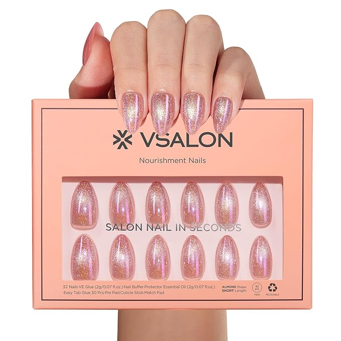 VSALON Press on Nails Short Almond - Pink Cat Eye Pastel Glitter Holographic Fake Nails Kit, Reusable Opaque Gel Chrome Glue on Nails with Glue & Cuticle Oil - Valentines Gifts for Women