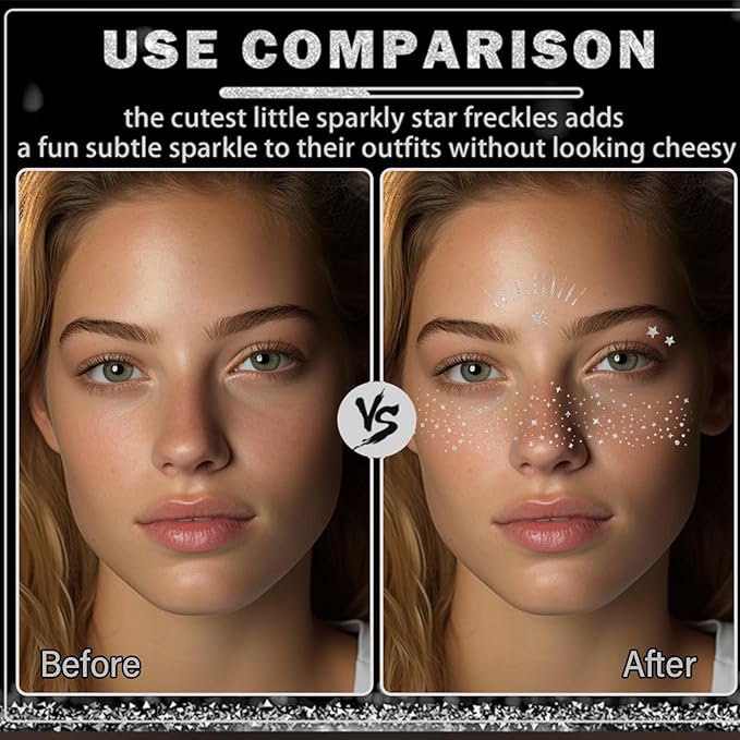 20 Pcs Silver Glitter Freckles,20 Pcs Face Gems with 4 Shapes - Sparkling Self-Adhesive Face Jewels for Festival, Rave & Party Makeup - Waterproof Face Glitter Patches for Women & Teens