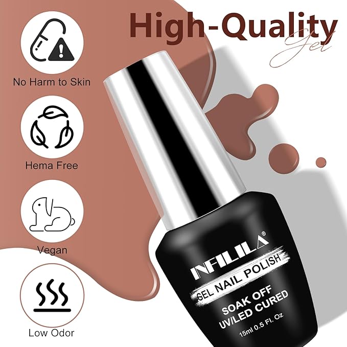 NXJ INFILILA Brown Gel Nail Polish, 15ml 0.51oz Chocolate Brown Gel Polish One-Stroke Coloring, Hema Free Dark Color High Gloss Soak Off UV Nail Manicure DIY for Women Girls SQ103