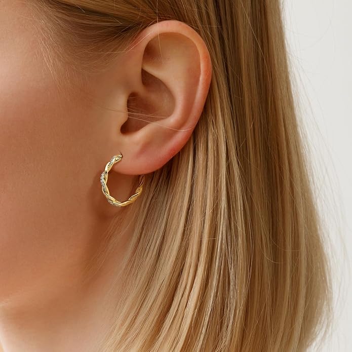 ENROSE Gold Plated Hoop Earrings 14K Gold Plated Earring for Women Twisted Large Hoop Earrings Minimalist Diamond Earring Jewelry 29mm*4mm
