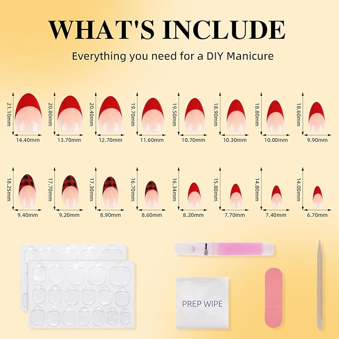 Leefrei French Tip Press on Nails - Glossy Red Press on Nail, Short Almond Fake Nails Reusable Nails Press ons for Women, 32 Pieces in 16 Sizes False Nails Kit with Glue, Tartan Cheer