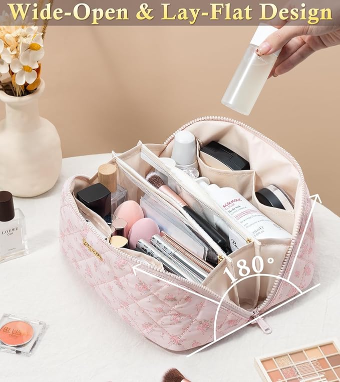Travel Makeup Bag, 3 Pcs Large Capacity Puffy Toiletry Bag for Women, Open Flat Make up Cosmetic Organizer w/Handle & Clear Divider Water-resistant Portable Pouch Travel Essentials, L-Pink Rose