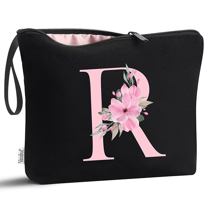Vavabox A-Z Personalized Makeup Bag, Birthday Gifts for Women Mom, Gifts for Best Friend, Bride Bridesmaid Cosmetic bag (R, Black)