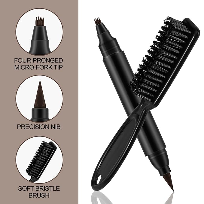 GEUUFEA Beard Pencil Filler for Men, Double Head 4 Forks Grooming Beard Pen, Fast Fill Thin Beard, Water & Sweat Resistant, Long-Lasting Black Beard Shaping Kit, Creates a Naturally Thicker Beard