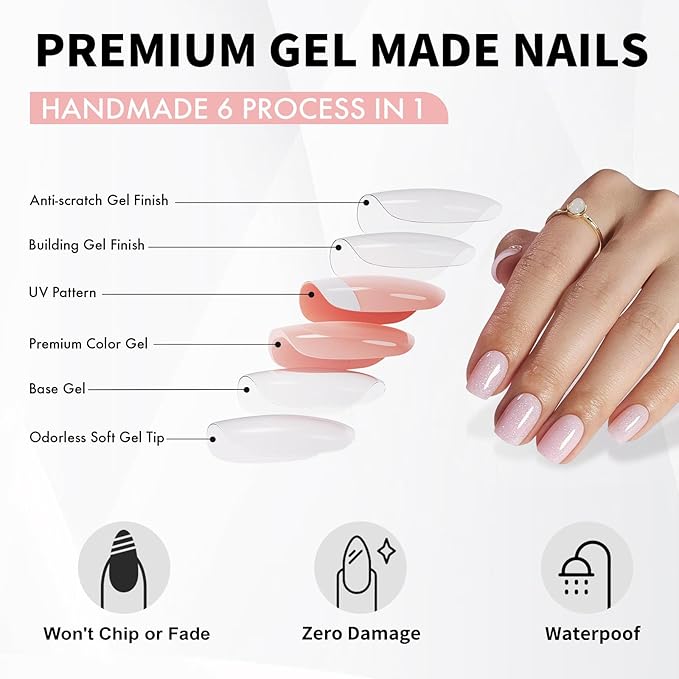 SHANGMENG Pink Press on Nails Square - Soft Gel Valentines Press on Nails Short for Women Gift, Fit Perfectly & Natural Stick on Nails with Glue in 16 Sizes - 32 Reusable Fake Nails, Shimmering Pink