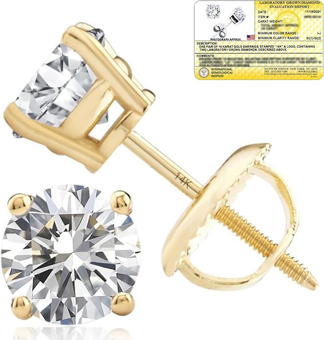 1/4-2 Carat IGI Certified Lab Grown Diamond Stud Earrings | Solitaire Real Diamonds Earring for Women in I-J Color & SI1-SI2 Clarity | 14K Gold Diamond Studs with Secure Backs by MAX + STONE