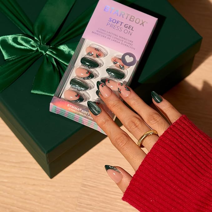 BTArtbox Press On Nails Almond - Holly Hypnotic, 3D Cheey Short Glitter French Tip Christmas Press On Nails with Glue and Adhesive Tabs for Women in 16 Sizes - 32 Soft Gel Glue On Nails Kit