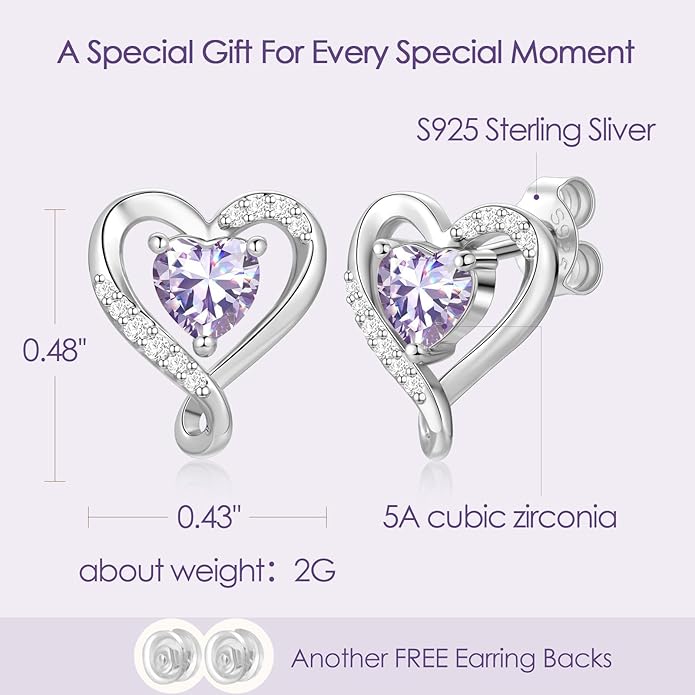 Zifeel Earrings for Women, S925 Sterling Silver Rose Gold Birthstone Heart Studs Earring for Girlfriend Wife, Anniversary Birthday Christmas Valentines Mothers Day Gifts Jewelry for Women Wife Her Mom