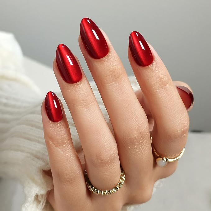 SHANGMENG Dark Red Cat Eye Press on Nails Almond - Soft Gel Valentines Short Press on Nails for Women Gift, Glossy Glue on Nails in 16 Sizes - 32 Reusable Fake Nails Kit with Glue, Wine