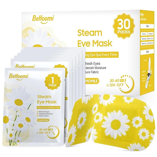BeHoomi 30Packs Steam Eye Mask, Heated Eye Mask Warm Compress for Eyes, Self Heating Disposable Steam Mask for Home Sleep, Spa, Travel Essentials & Relaxation Gifts, Stocking Stuffers (Chamomile)