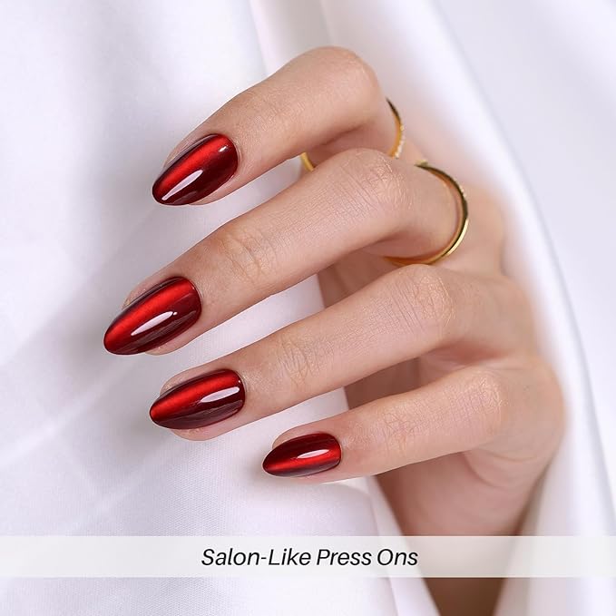 SHANGMENG Dark Red Cat Eye Press on Nails Almond - Soft Gel Valentines Short Press on Nails for Women Gift, Glossy Glue on Nails in 16 Sizes - 32 Reusable Fake Nails Kit with Glue, Wine