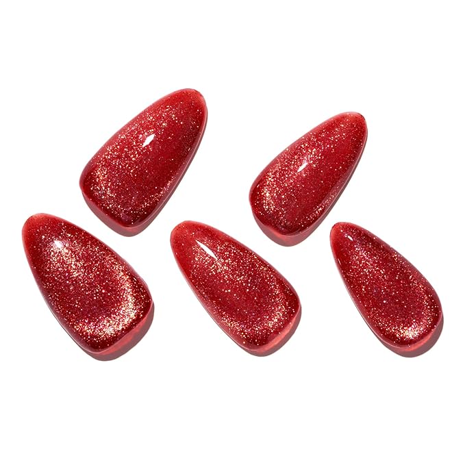 GLAMERMAID Agate Red Press on Nails Medium Almond,Cat eyes Glitter Handmade Glossy Soft Gel Glue on Nails Stiletto, Shrimmer Fake Nails Short Oval, Reusable Acrylic Stick on False Nails Kit for Women
