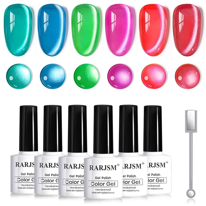 RARJSM Neon Candy Cat Eye Gel Nail Polish Set 6 Colors Bright Pink Blue Green Orange Red Smoothie Ceramic Velvet Silver Cateye Glitter with Magnet Stick UV LED Curing Requires Soak Off Home Salon Diy