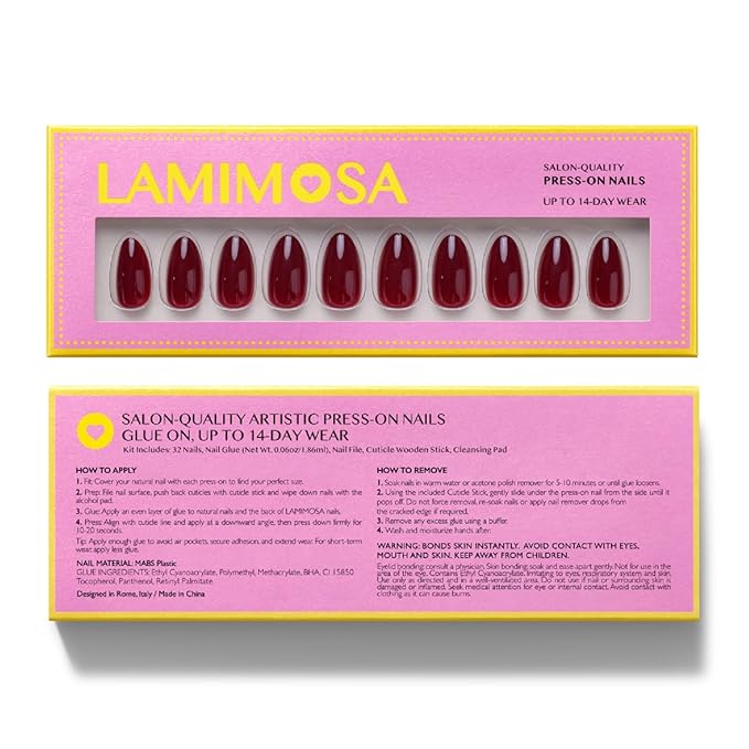 LAMIMOSA 32Pcs Burgundy Red Press On Nails Short Almond – Soft Gel Dark Red Fake Nails in 16 Sizes, Reusable Glue on Nails Kit, TUSCAN RED