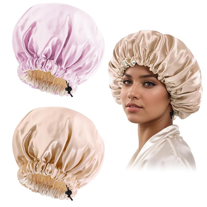 Satin Silk Bonnet for Curly Hair Bonnet Braid Bonnet for Sleeping Bonnets for Women Large Double-Layer Adjustable(Champagne&Pink)