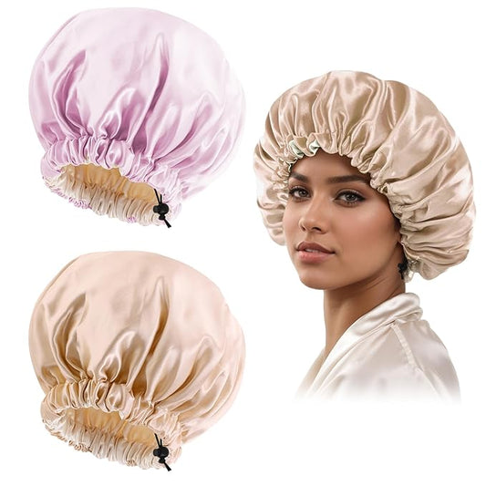 Satin Silk Bonnet for Curly Hair Bonnet Braid Bonnet for Sleeping Bonnets for Women Large Double-Layer Adjustable(Champagne&Pink)
