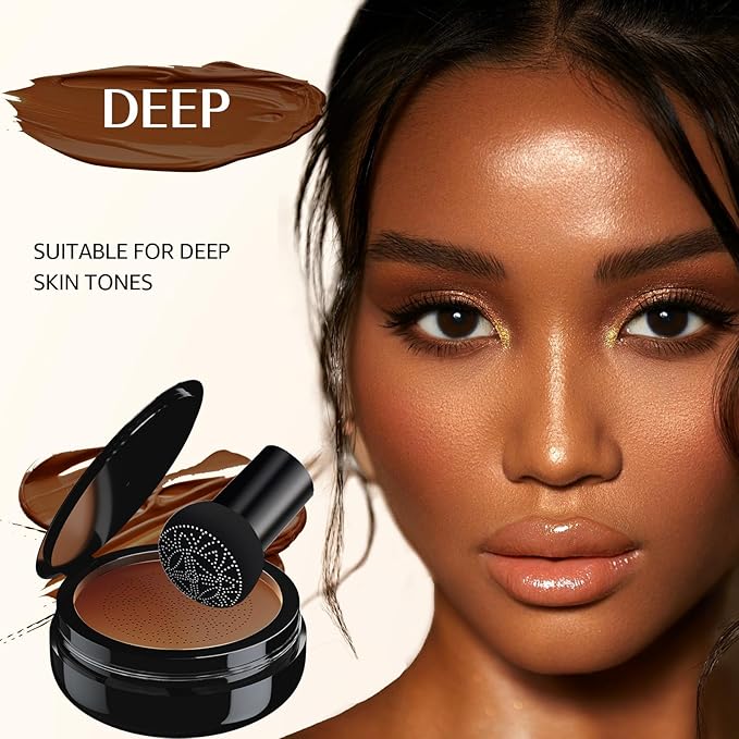 Mushroom Head Air Cushion CC Cream - Oil Control & Moisturizing Concealer Makeup Base, Brighten Long - Lasting Even Color Correcting Concealer Full Coverage for All Skin Types (Deep)