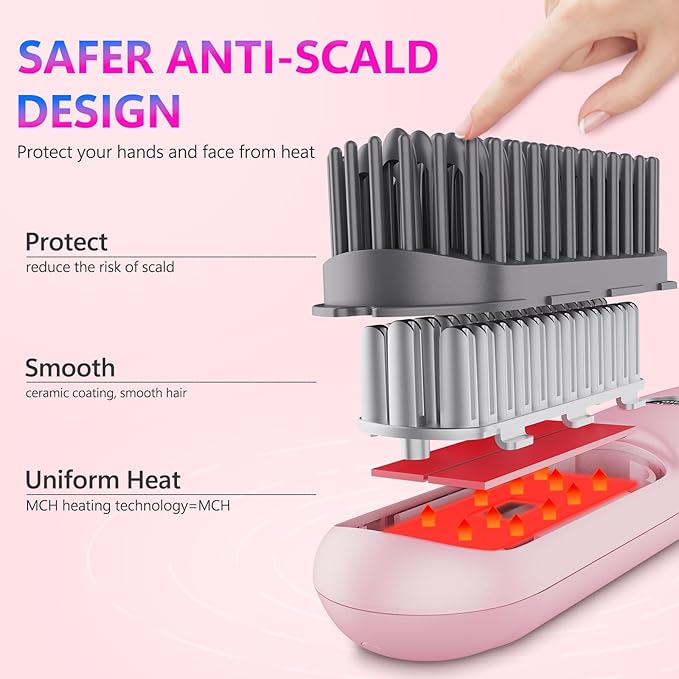 STUDLLY LCD Screen Cordless Hair Straightener Curler 2 in 1, Portable Mini Hair Straightening Brush for Travel Negative Ionic Fast Heating Hot Comb for Women, Folding Brush with Mirror, Pink