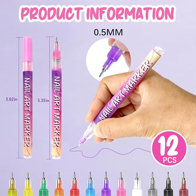 MKNZOME 12 Color Nail Art Pens for Painting Nails, 0.5 MM Nail Polish Pens Drawing Point Liner Painted Pen Kit, Waterproof Quick-drying for DIY Nails Art Design Manicure Tools