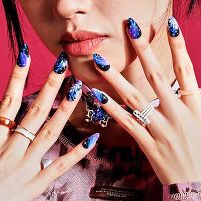 GLAMERMAID Ombre Press on Nails Medium Almond, Black Purple Gothic Fake Crush Nails, Stiletto Fake Nails, Short Oval Stick Glue on Nails Tips for Women, Reusable Acrylic False Nail Kits