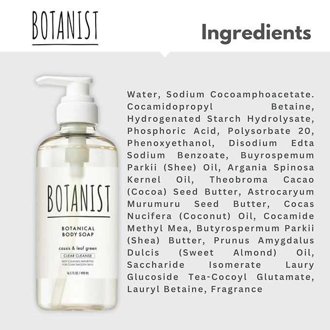 Botanist Natural Body Wash for Women, Mens Full Body Wash for Sensitive Skin by Squalane, Shea Butter & Aloe Vera, Shower Gel & Bath Soap from Japan, Sulfate Free 16.5 Fl Oz CASSIS & LEAF GREEN