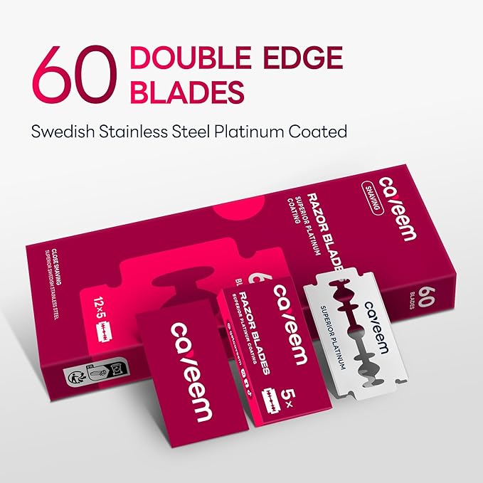 CAVEEM 60 Count Double-Edge Safety Razor Blades, Replacement Razor Refills for Shaving, Stainless Steel Blades for All Standards Double-Edge Razor