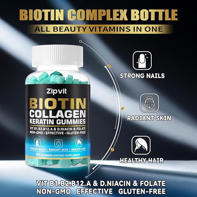 zipvit Biotin Collagen Gummies – Hair Skin and Nails Vitamins for Women & Men – Hair Growth Vitamins: B1, B2, B3, B6, B7, Collagen, Keratin, Vitamin A & D – Hair Growth Supplement – 60 Gummy Bears
