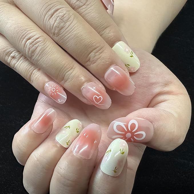 JONKASIPA Floral Press On Nails Square Pink Cute Patch Nails Reusable Adhesive Nails for Women 24 Pcs