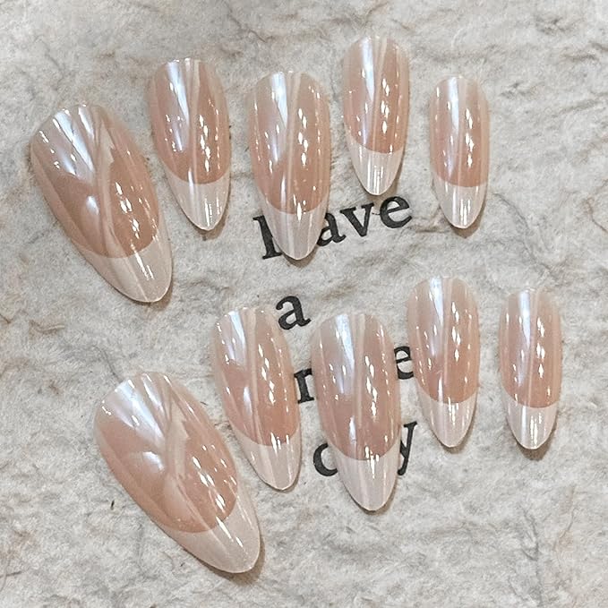 SHELWIN French Press On Nails Ready-To-Wear DIY Manicure Stick On Cat Eye Nails kit for Women 24 Pcs Short Medium Coffin Almond Shaped False Nails Gifts（Almond White）