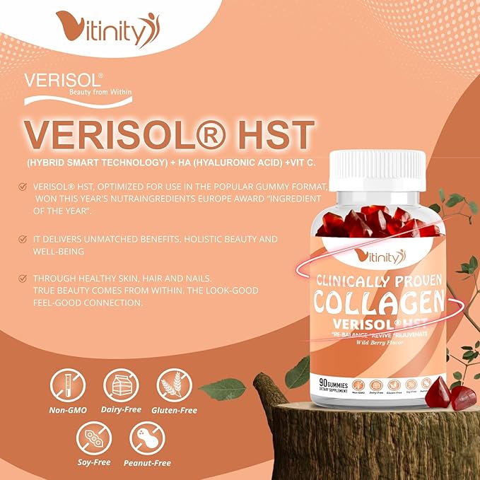 VITINITY VERISOL® HST+HA+VIT C Collagen Hard Chewy Gummies Clinically Proven Beauty.Firmer,Smoother Skin,Fewer Wrinkles,Reduced Cellulite.True Beauty from Within.The Look-Good Feel-Good -30 Day Supply