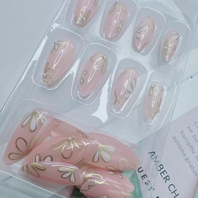 Almond Press on Nails Medium Fake Nails Press ons with Designs Flower Petals False Nails Full Cover Acrylic Nail Tips Press on Nail Reusable French Nails Stick on Nails for Women Manicure Decor 24Pcs