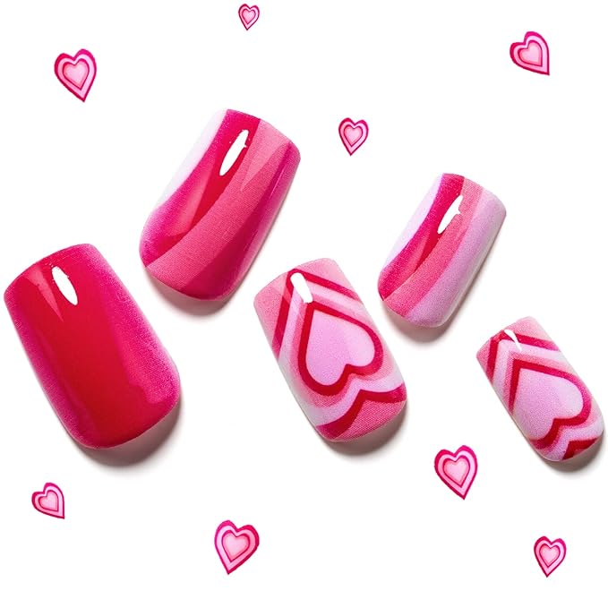 GLAMERMAID Hot Pink Ombre Press on Nails Medium Square, Color Gel False Nals, Valentine Colorful Glue on Nails Kit for Women, Pop Comic Sweet Reusable Stick on Acrylic Fake Nails Manicure Set