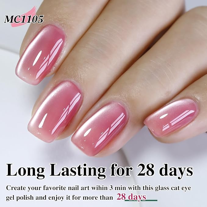 Double Rhythm Jelly Glass Cat Eye Gel Polish with Magnet 15ML Holographic Glitter Shimmer Translucent Sheer Color Magnetic Nail Polish Salon DIY at Home (Jelly Pink-MC1105)