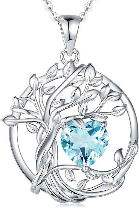 FANCIME Tree of life Birthstone necklace Sterling Silver Pendant Birthstone Necklace Gemstone Anniversary Birthday Jewelry Christmas Gifts for Mom Her Wife