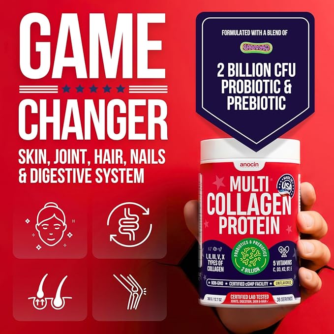 anocin Multi Collagen Peptides w/Prebiotic + Probiotics + Type I, II, III, V, X + Hydrolyzed Collagen Powder w/Vitamin C+D3+B7+K2+E Hyaluronic Acid, Supports Skin Hair Nail Joint, Grass-Fed, Non-GMO