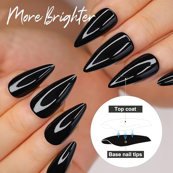 morily 24Pcs Black Press on Nails Stiletto Fake Nails Medium Length Almond False Nails Tips Long Acrylic Glossy Stick on Nail Solid Color Full Cover Fingernails Manicure for Women (Black)