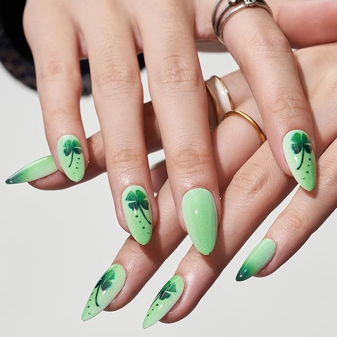 GLAMERMAID Press on Nails Medium Almond, Spring Summer Green Four-Leaf Clover Gel Glue on Nail, 24Pcs Glossy Short Stiletto Reusable UV Finish Fake Nails Acrylic False Nails Manicure Kits for Women