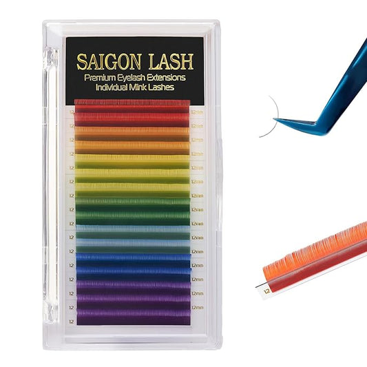SAIGON LASH Eyelash Extensions, Mink Lash, Volume & Classic Lashes for Professionals, J/B/C/CC/D/L/M Curl, 4-15mm Length, Soft Korean PBT Fiber, 16 Rows Lash Tray (Rainbow-C-0.07-9mm)
