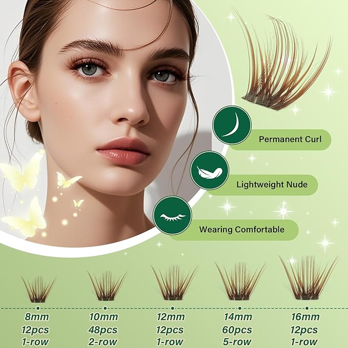 KEYYOU Natural Lash Clusters Kit 144Pcs DIY Lash Extension Kit Wispy Eyelash Extensions Kit D Curl 8-16MIX with Bond and Seal and tweezers with Thin Lash （KIT-N03-Brown-D-8-16MIX）