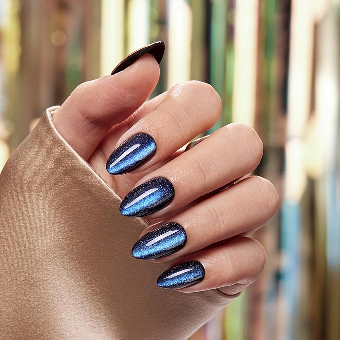 VSALON Press on Nails Short Almond - Blue Cat Eye Chrome Glue On Nails Kit for Women, Reusable Opaque Gel Stick on Nails with Glue & Cuticle Oil - 32 PCS Fake Nails in 16 Sizes (Midnight Tide)