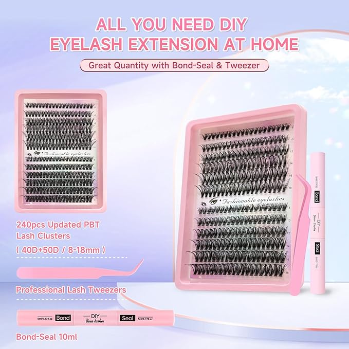 DIY Lash Extension Kit 240pcs Lash Clusters Eyelash Extension Kit, 8-16mm 40D+50D Individual Lashes Kit with Lash Bond and Seal, Lash Tweezers for Self Use (40D&50D, 0.07D, 8-16mm, Kit)