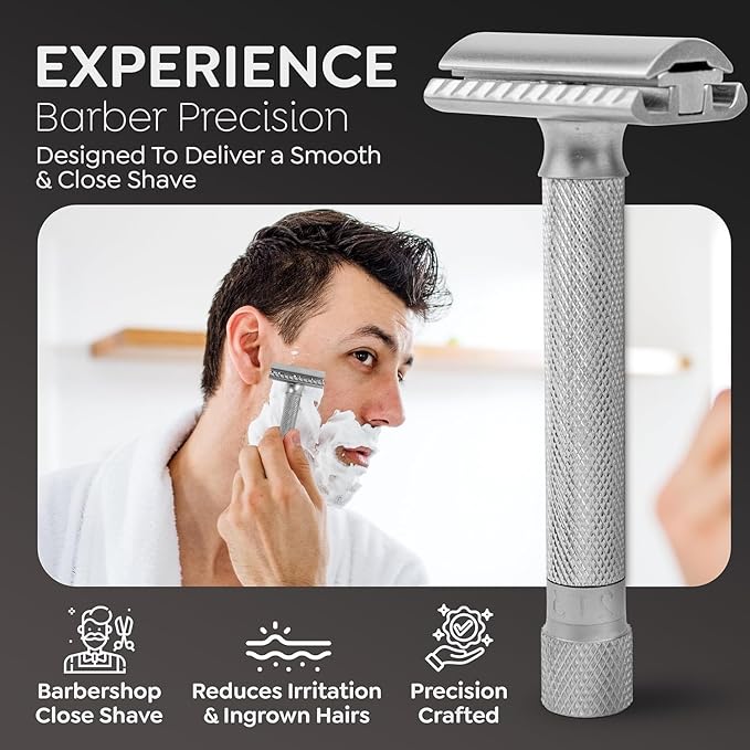 Parker THE VARIANT CLOSED COMB - ADJUSTABLE Double Edge Safety Razor, Customize your Shave with a Turn of the Dial from Mild to Aggressive - 5 Blades Included (SATIN CHROME)