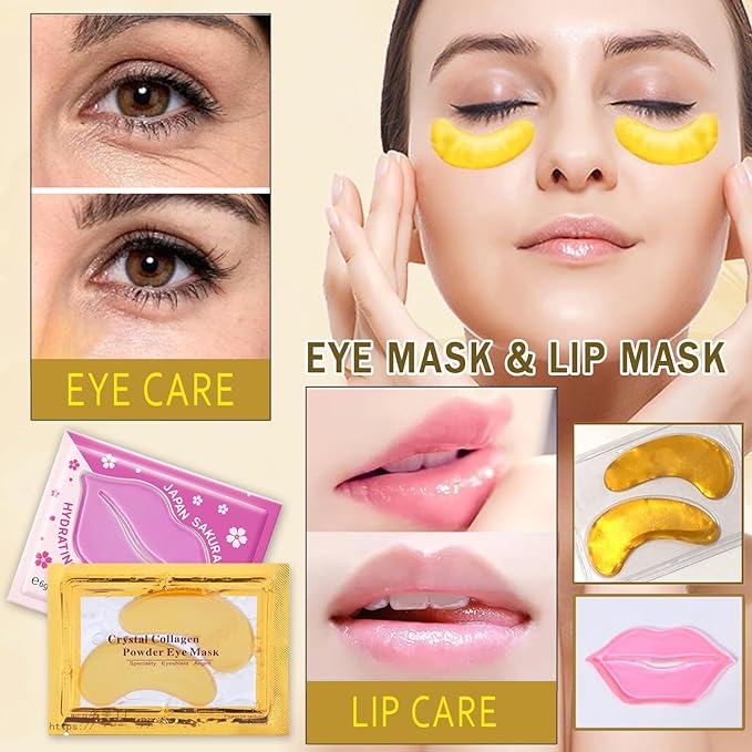 Miniling 30 Pairs 24K Gold Eye Masks & Lip Masks, Crystal Collagen Under Eye Patches for Puffy Eyes, Lip Mask Skincare, Small Gifts for Women,Valentines Day Gifts, Galentines Gifts, Bulk Gifts