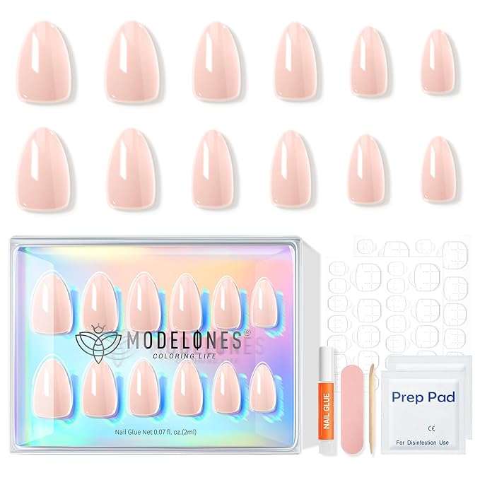Modelones 32Pcs Nude Pink Press on Nails Almond, Valentine's Day Pearl Chrome Short Almond Fake Nails, Reusable Nail Kit with Nail Glue Adhesive Tabs Mini Nail File, Nails Press Ons 16 Sizes