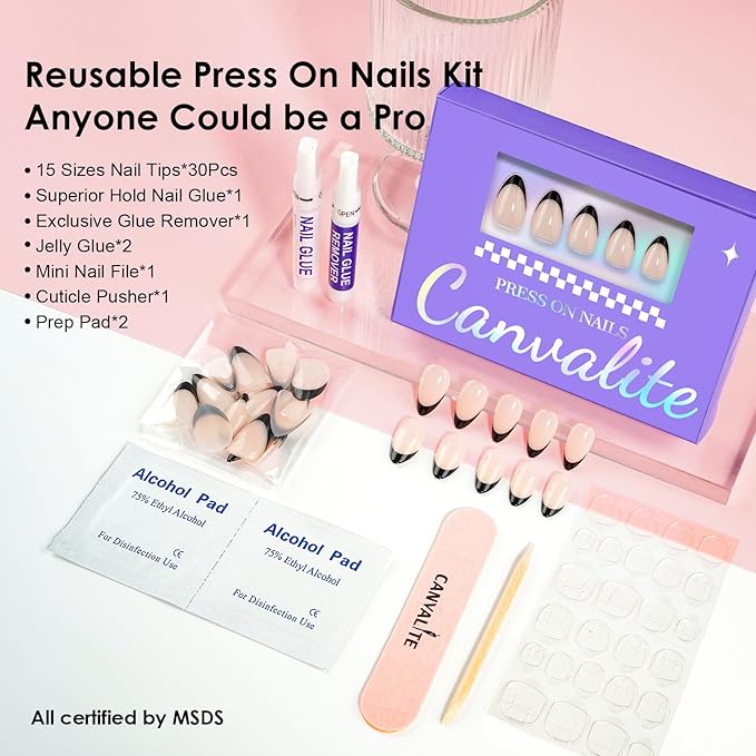 Canvalite Black French Tip Press On Nails, 30Pcs Short Press on Nails Almond Reusable Acrylic Fake Nails with Glue & Glue Remover Easy to Use Manicure Kit for Women