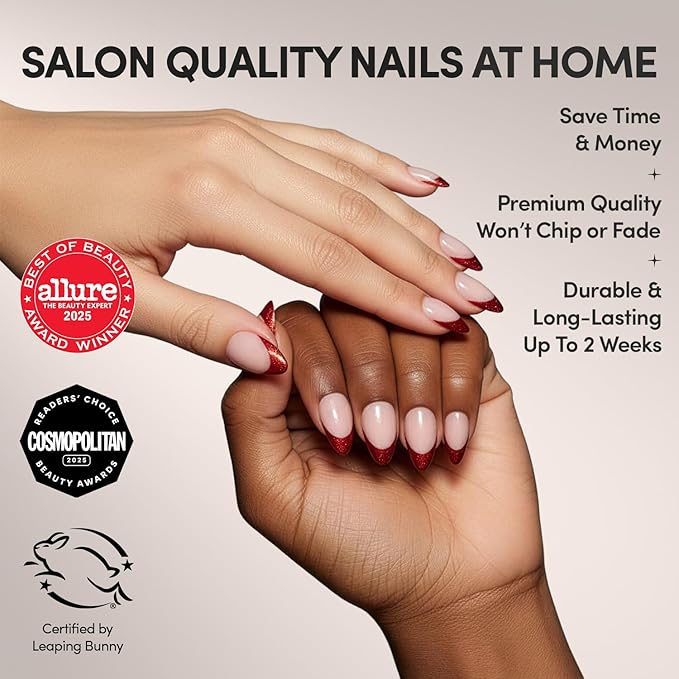 Glamnetic Press On Nails - Red Affair | Short Almond Red Glitter French Tip Nails with a Glossy Finish | 15 Sizes - 30 Nail Kit with Glue