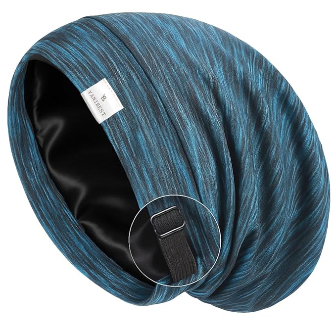 YANIBEST Silk Satin Bonnet Hair Wrap for Sleeping, Adjustable Slouchy Beanie for Women, Silk Lined for Curly Hair and Braids, Blue